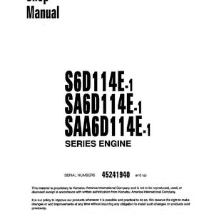 Może przedstawiać: Biała instrukcja warsztatowa z napisem "Shop Manual" u g&oacute;ry. Instrukcja zawiera numery modeli silnik&oacute;w S6D114E-1, SA6D114E-1 i SAA6D114E-1. Numery seryjne to 45241940 i wyższe. Instrukcja dotyczy silnika szeregowego.
