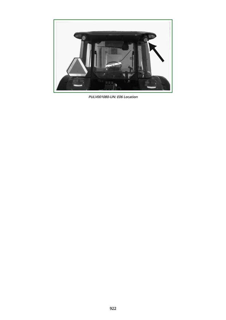May include: Monochrome image of a tractor cab. The cab has a windscreen, side windows, and a roof with lights. A triangular warning sign is visible on the front. The text "PULV001080-UN: E06 Location" is printed below the cab.