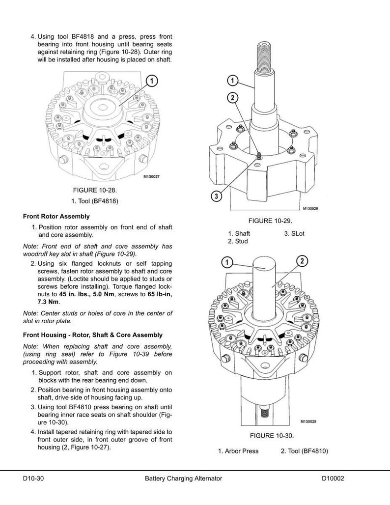 Pu&ograve; includere: Diagrammi tecnici di un alternatore di carica della batteria, che mostrano il gruppo rotore anteriore e i componenti dell'alloggiamento anteriore. Le figure 10-28, 10-29 e 10-30 illustrano l'albero, i prigionieri e la pressa. Sono incluse le istruzioni di montaggio.