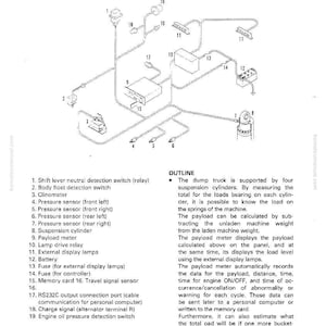 Op de afbeelding: Zwart-wit diagram van een systeemstructuur met genummerde componenten zoals sensoren, relais en een payload meter. Het diagram bevat tekstlabels.