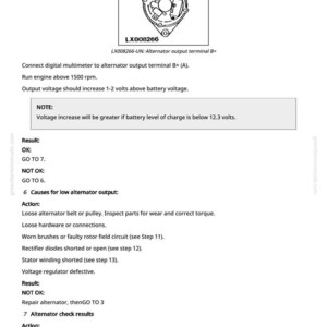K&ouml;nnte beinhalten: Diagramm eines Generators mit dem Text "LX008266" und Anweisungen zum Testen der Lichtmaschinenleistung. Das Bild enth&auml;lt ein Diagramm der Lichtmaschine und Textanweisungen zur Fehlerbehebung.