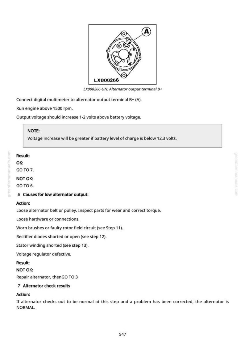K&ouml;nnte beinhalten: Diagramm eines Generators mit dem Text "LX008266" und Anweisungen zum Testen der Lichtmaschinenleistung. Das Bild enth&auml;lt ein Diagramm der Lichtmaschine und Textanweisungen zur Fehlerbehebung.