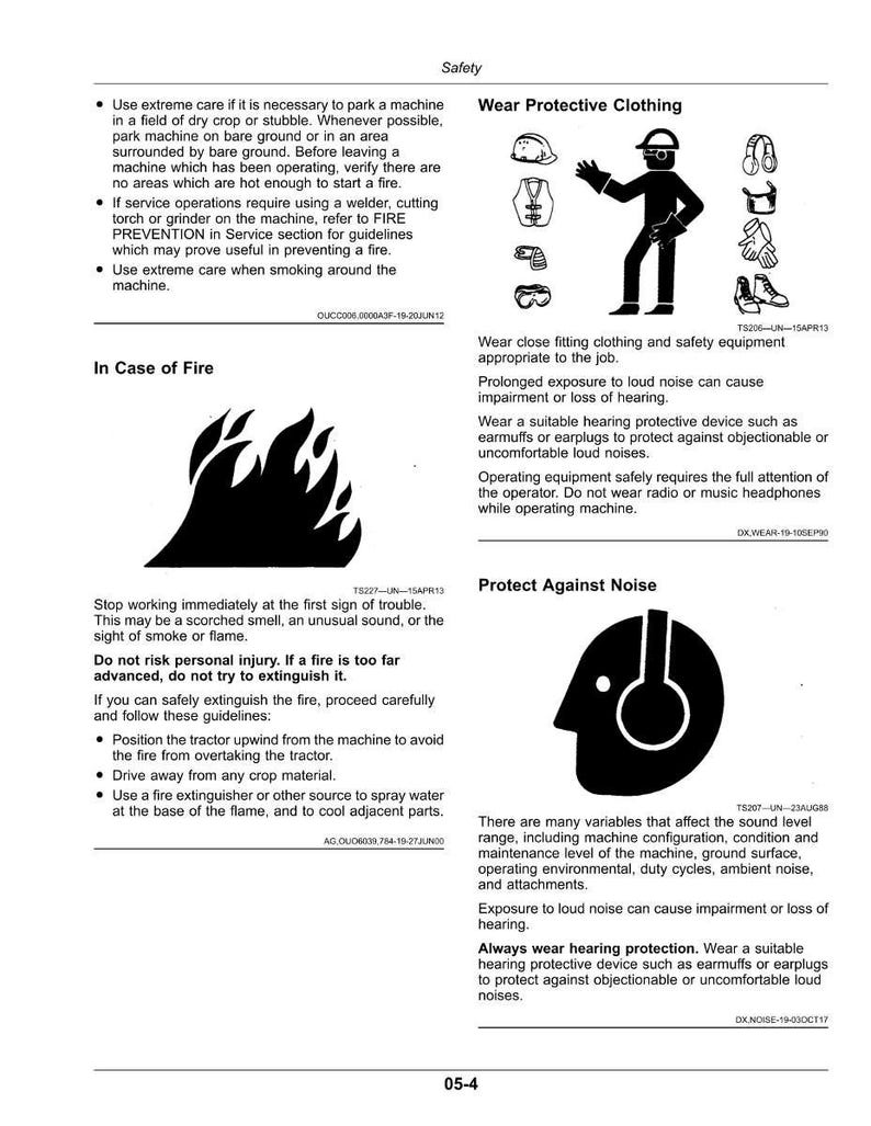 May include: Safety guidelines document with illustrations. Includes sections on protective clothing, fire safety, and noise protection. Features warnings about fire, noise exposure, and operating machinery safely. Contains safety symbols and text.
