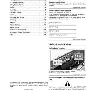 Puede incluir: Una p&aacute;gina de un manual de John Deere con el t&iacute;tulo "Contenidos" en la parte superior. La p&aacute;gina incluye secciones sobre identificaci&oacute;n del producto, etiquetas de seguridad e instrucciones de funcionamiento. El manual tambi&eacute;n presenta advertencias de seguridad y diagramas.