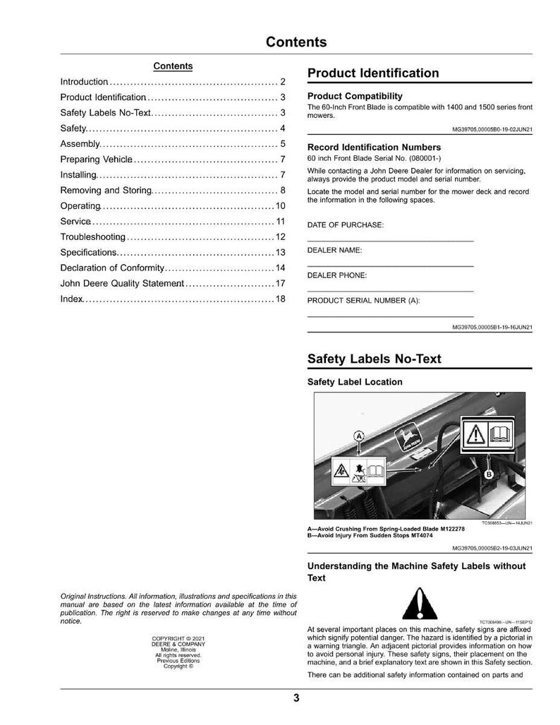 Puede incluir: Una p&aacute;gina de un manual de John Deere con el t&iacute;tulo "Contenidos" en la parte superior. La p&aacute;gina incluye secciones sobre identificaci&oacute;n del producto, etiquetas de seguridad e instrucciones de funcionamiento. El manual tambi&eacute;n presenta advertencias de seguridad y diagramas.
