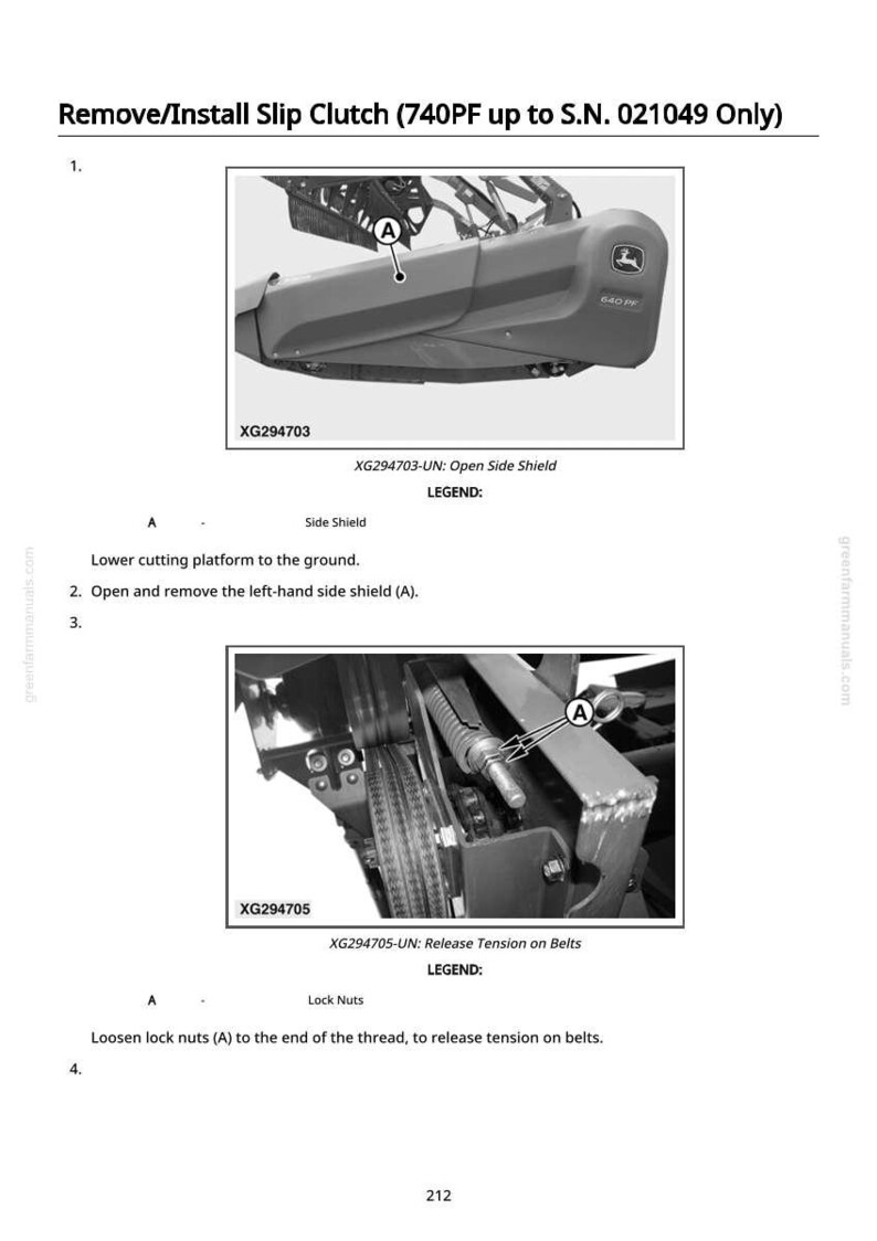 May include: Diagrams from a manual detailing the removal and installation of a slip clutch. The images show components of a machine, with labels and instructions for maintenance tasks. Text includes "Remove/Install Slip Clutch" and part numbers.