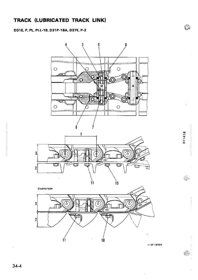 May include: Technical diagram of a track link, labeled "TRACK (LUBRICATED TRACK LINK)". The diagram includes multiple views and detailed component labels (1-11). The text "D31E, P, PL, PLL-18, D31P-18A, D37E, P-2" is also present.