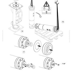 May include: An exploded diagram of Komatsu machinery parts. The image includes various components like cylinders, flanges, and a pallet. Weight information is displayed as 36 kg / 79 lb. The diagram is labeled with numbers and includes the Komatsu logo.