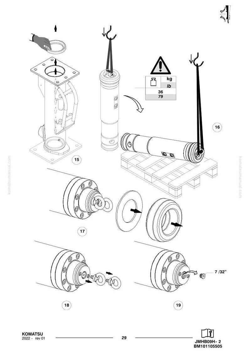 May include: An exploded diagram of Komatsu machinery parts. The image includes various components like cylinders, flanges, and a pallet. Weight information is displayed as 36 kg / 79 lb. The diagram is labeled with numbers and includes the Komatsu logo.