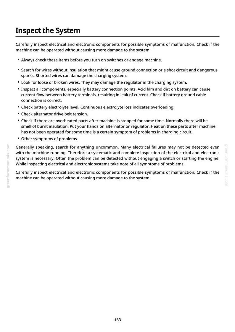 May include: A page from a manual titled "Inspect the System." The text provides instructions for checking electrical and electronic components for malfunctions. Includes bullet points with detailed inspection steps and safety precautions.