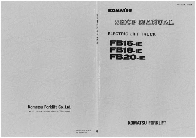 Puede incluir: Un manual de taller gris para una carretilla elevadora el&eacute;ctrica. La portada presenta el logotipo de Komatsu y el texto "SHOP MANUAL" encima de "ELECTRIC LIFT TRUCK". Se enumeran los n&uacute;meros de modelo FB16-1E, FB18-1E y FB20-1E.