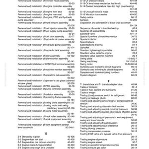 May include: Index page from a Komatsu PC600, PC650, 700-8E0 manual. The page lists various removal, installation, and testing procedures for engine components and systems, including troubleshooting guides.