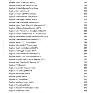 May include: A white page with a list of references for tools and procedures. The list includes items like "Replace Hydraulic Backup Pump Fuse" and "Replace Engine Oil Pressure Switch."