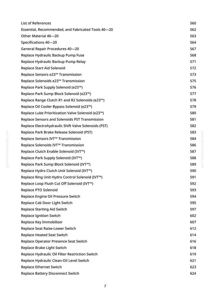 May include: A white page with a list of references for tools and procedures. The list includes items like "Replace Hydraulic Backup Pump Fuse" and "Replace Engine Oil Pressure Switch."
