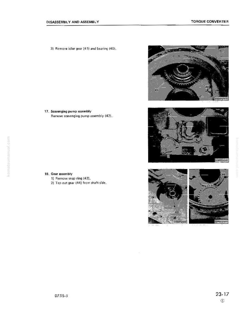 May include: A page from a manual titled "Disassembly and Assembly" and "Torque Converter." The page includes diagrams and instructions for removing parts such as idler gear, scavenging pump assembly, and gear assembly. The page is in black and white.