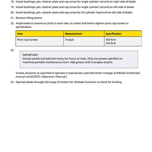 May include: A page of instructions with numbered steps for machinery maintenance. Includes details on installing parts like pivot cap screws and bushings. A table shows specifications for pivot cap screws, including torque at 370 lb-ft.
