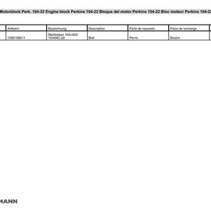 May include: A white document with a table detailing engine block parts for Perkins 104-22. The table includes columns for position, article number, description, and quantity. The Weidemann logo is at the bottom.