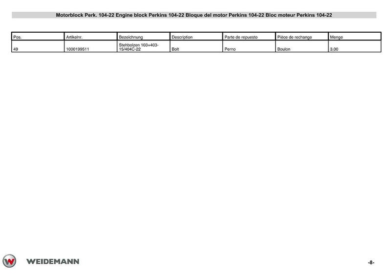 May include: A white document with a table detailing engine block parts for Perkins 104-22. The table includes columns for position, article number, description, and quantity. The Weidemann logo is at the bottom.