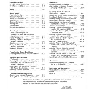 May include: A printed table of contents page from a manual, listing topics such as safety, mower-conditioner operation, and attachments. The document is a Deere & Company publication.