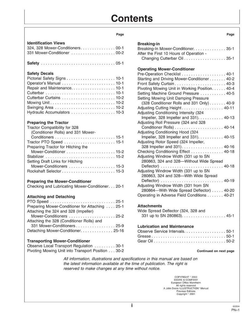 May include: A printed table of contents page from a manual, listing topics such as safety, mower-conditioner operation, and attachments. The document is a Deere & Company publication.