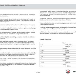 May include: A page from a parts catalogue with French text and a conversion table. The catalogue provides information on ordering parts, machine details, and safety. The table converts units of volume, length, weight, speed, and torque.