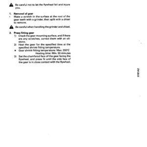 Pode incluir: Uma p&aacute;gina de um manual de repara&ccedil;&atilde;o que detalha o processo de substitui&ccedil;&atilde;o de uma engrenagem de anel do volante. O texto inclui instru&ccedil;&otilde;es sobre a remo&ccedil;&atilde;o e a montagem por press&atilde;o da engrenagem, com avisos de seguran&ccedil;a e especifica&ccedil;&otilde;es de temperatura.