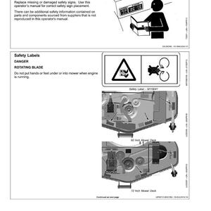 May include: A page from an operator's manual with the title "Safety Labels." The page includes safety warnings, diagrams, and instructions for mower maintenance. The text warns of rotating blades and the danger of putting hands or feet under the mower.