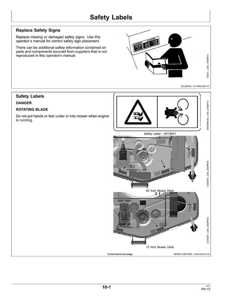 May include: A page from an operator's manual with the title "Safety Labels." The page includes safety warnings, diagrams, and instructions for mower maintenance. The text warns of rotating blades and the danger of putting hands or feet under the mower.
