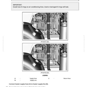 Pu&ograve; includere: Schema dei componenti del motore di un trattore con etichette e istruzioni. L'immagine include avvertenze sul collegamento dei tubi flessibili e sull'installazione degli O-ring. Il testo fornisce indicazioni sul collegamento dei tubi del riscaldatore e sull'installazione del coperchio anteriore.