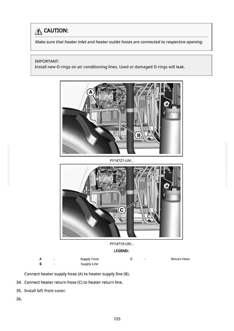 Pu&ograve; includere: Schema dei componenti del motore di un trattore con etichette e istruzioni. L'immagine include avvertenze sul collegamento dei tubi flessibili e sull'installazione degli O-ring. Il testo fornisce indicazioni sul collegamento dei tubi del riscaldatore e sull'installazione del coperchio anteriore.