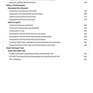 May include: A page from a manual with a list of procedures and part names, including "Boom Swing Cylinder Remove and Install" and "Swing Gear Case Remove and Install." The page also includes a list of dealer fabricated tools.