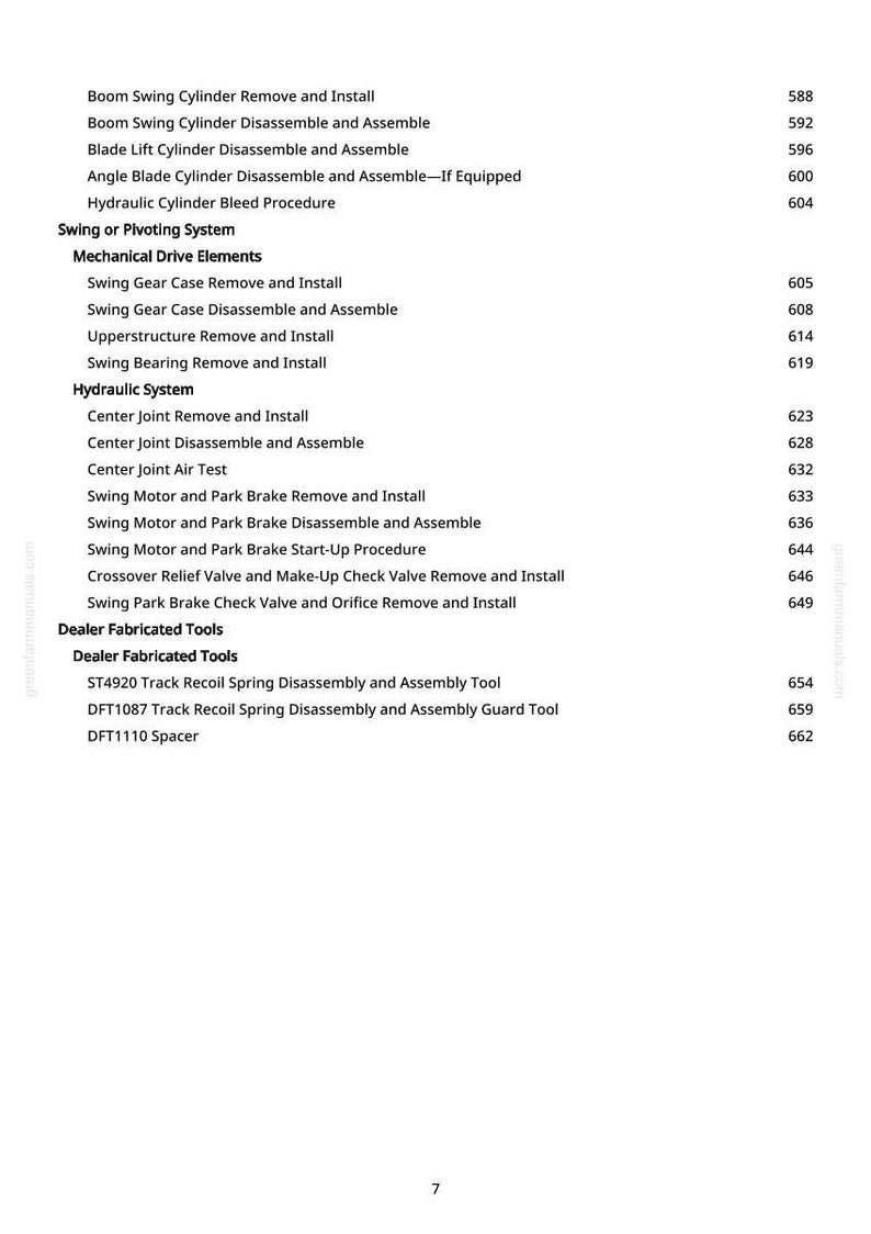May include: A page from a manual with a list of procedures and part names, including "Boom Swing Cylinder Remove and Install" and "Swing Gear Case Remove and Install." The page also includes a list of dealer fabricated tools.