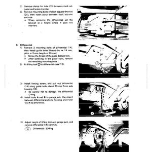 May include: A page from a manual detailing the disassembly and assembly of a front differential. The text includes instructions for removing bolts, installing guide bolts, and adjusting tools. The image includes diagrams and part numbers.