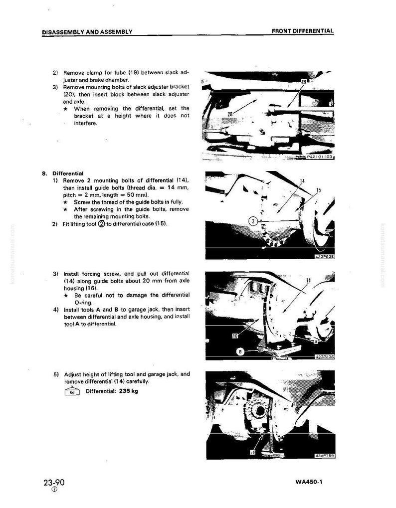 May include: A page from a manual detailing the disassembly and assembly of a front differential. The text includes instructions for removing bolts, installing guide bolts, and adjusting tools. The image includes diagrams and part numbers.