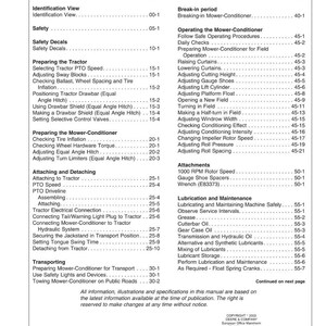May include: A page from a manual titled "Contents" with a table of contents. Topics include safety, tractor preparation, mower-conditioner operation, and lubrication. The manual is from Deere & Company.