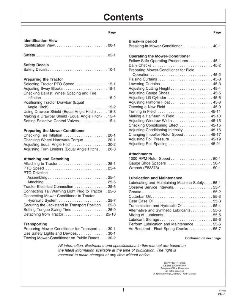 May include: A page from a manual titled "Contents" with a table of contents. Topics include safety, tractor preparation, mower-conditioner operation, and lubrication. The manual is from Deere & Company.