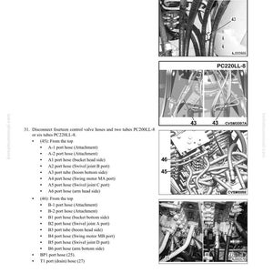 May include: Diagram of a hydraulic system, featuring numerous hoses and tubes, clearly labelled with numbers and text. The image provides detailed close-ups of the system's components, marked with labels like "PC200LL-8" and "PC220LL-8". The text includes disassembly and assembly instructions.