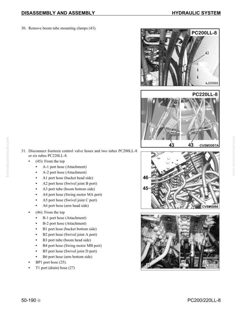 May include: Diagram of a hydraulic system, featuring numerous hoses and tubes, clearly labelled with numbers and text. The image provides detailed close-ups of the system's components, marked with labels like "PC200LL-8" and "PC220LL-8". The text includes disassembly and assembly instructions.