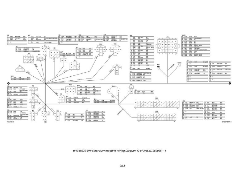 May include: A detailed black and white wiring diagram for a floor harness, labeled as diagram 2 of 3. The diagram includes various symbols, lines, and text, with the text "tx1349570-UN: Floor Harness (W1) Wiring Diagram (2 of 3) (S.N. 269055-)" at the bottom.