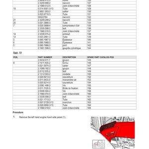 May include: A detailed technical diagram with part numbers, descriptions, and spare part catalog positions. The document is titled "M&Eacute;THODE D'INTERVENTION" and includes a procedure for removing an engine hood side panel. A red component is visible in the image.
