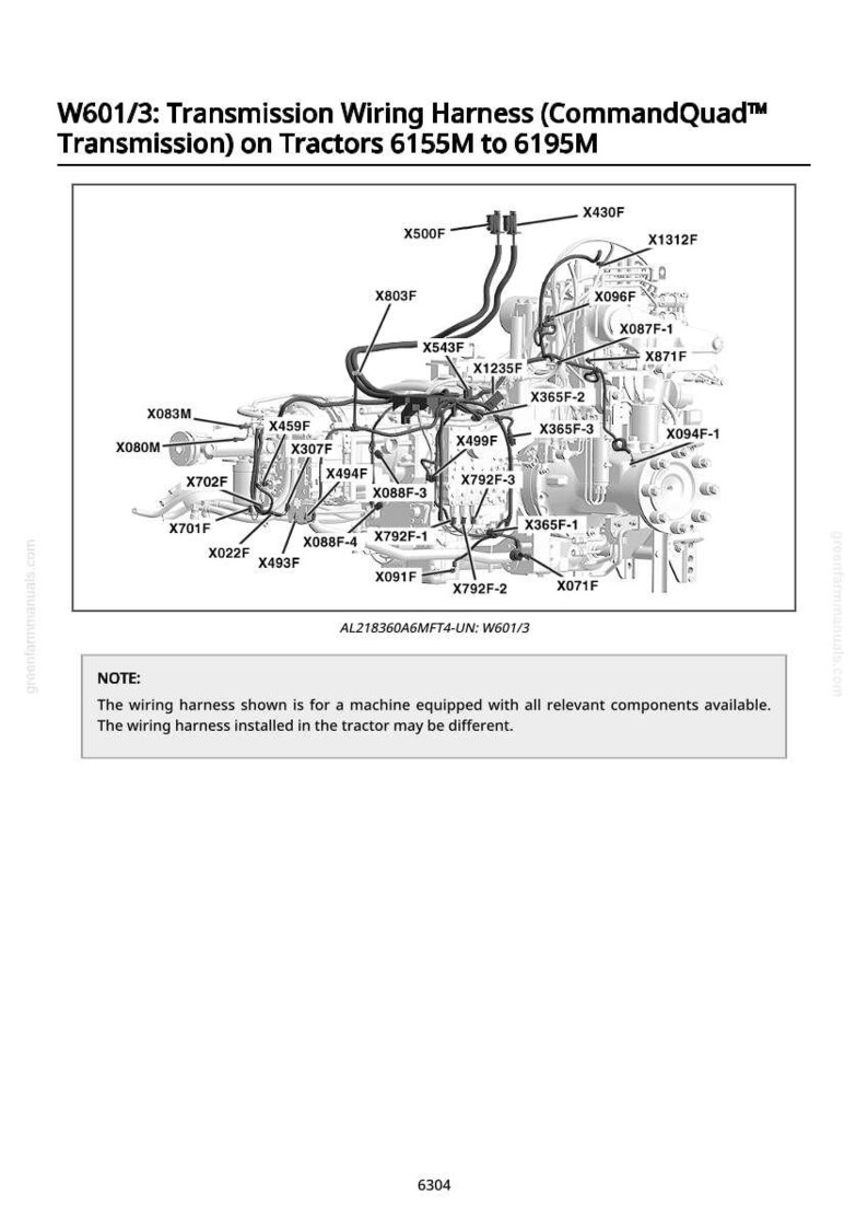 Puede incluir: Diagrama del arn&eacute;s de cableado de la transmisi&oacute;n para tractores 6155M a 6195M. El diagrama incluye etiquetas para varios componentes como X500F, X430F y X1312F. El texto "NOTE:" es visible, junto con texto adicional.