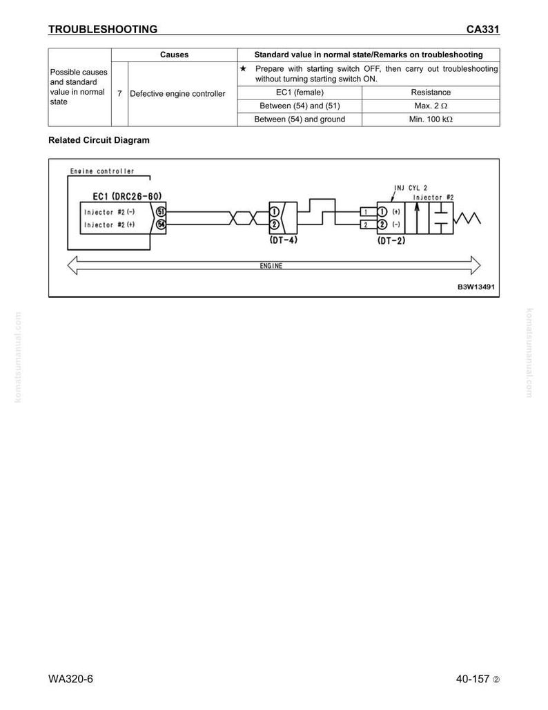 May include: A troubleshooting diagram labelled "TROUBLESHOOTING" and code "CA331". It features a table detailing causes and standard values, alongside a related circuit diagram for an engine controller.