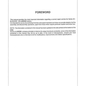 May include: A white page from a manual with the title "FOREWORD" in large, bold text. The text below describes repair service information for Series 60-BLIZZARD-80 LANDINI tractors. The page includes a note about updates.
