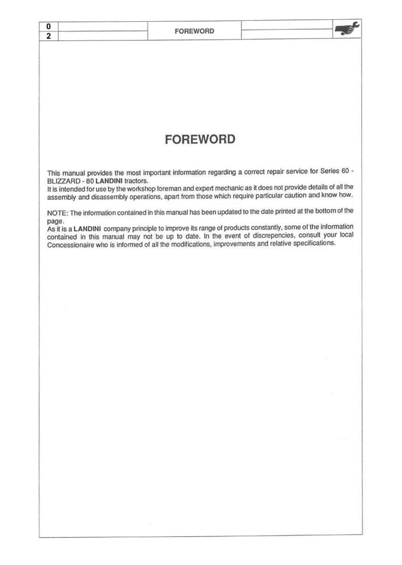 May include: A white page from a manual with the title "FOREWORD" in large, bold text. The text below describes repair service information for Series 60-BLIZZARD-80 LANDINI tractors. The page includes a note about updates.