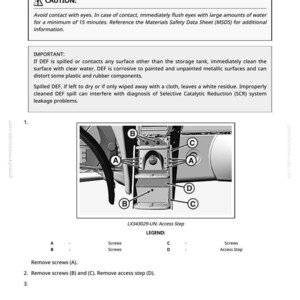 May include: Diagram illustrating DEF tank removal and installation, with labeled components and instructions. Includes a warning about eye contact and important safety information. Features a detailed diagram with labeled screws and access steps.