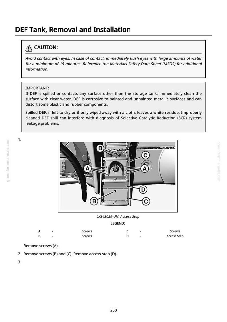 May include: Diagram illustrating DEF tank removal and installation, with labeled components and instructions. Includes a warning about eye contact and important safety information. Features a detailed diagram with labeled screws and access steps.
