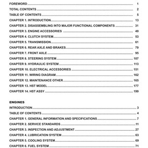 May include: A page from a manual titled "TOTAL CONTENTS" with a black header. The table of contents lists chapters on tractors and engines, including topics like the clutch system, transmission, and electrical accessories.