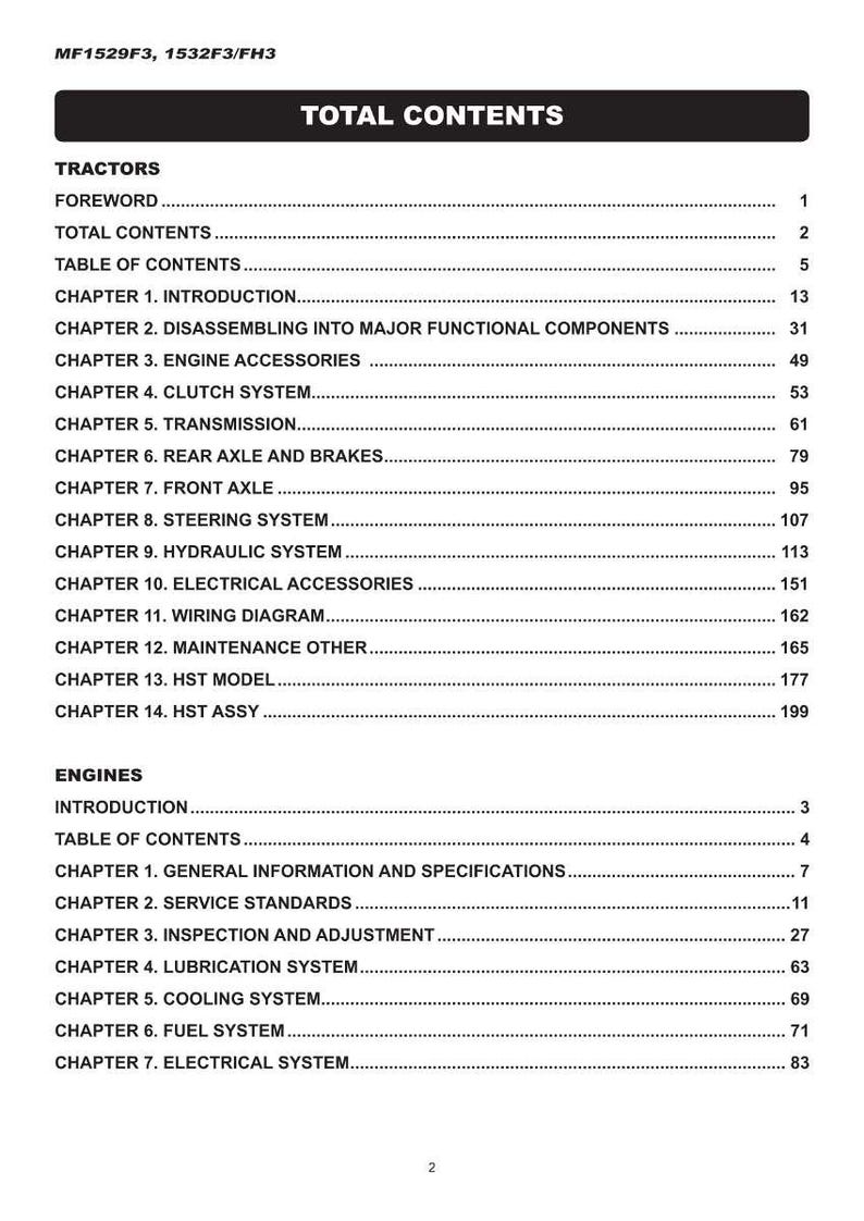 May include: A page from a manual titled "TOTAL CONTENTS" with a black header. The table of contents lists chapters on tractors and engines, including topics like the clutch system, transmission, and electrical accessories.
