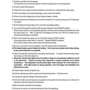 May include: Text on a white background provides instructions on how to start new equipment, including checking oil, propping wheels, and operating the throttle lever. The text also warns against using auxiliary fuel.