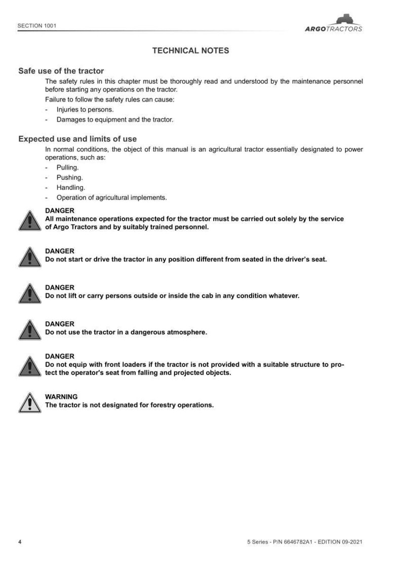 May include: A page from a tractor manual with the Argo Tractors logo. The text includes safety instructions, warnings, and operational guidelines. The manual details safe use, expected use, and limits of use for the tractor.